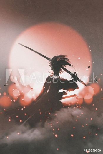 Bild på samurai with sword standing on sunset backgroundillustration painting